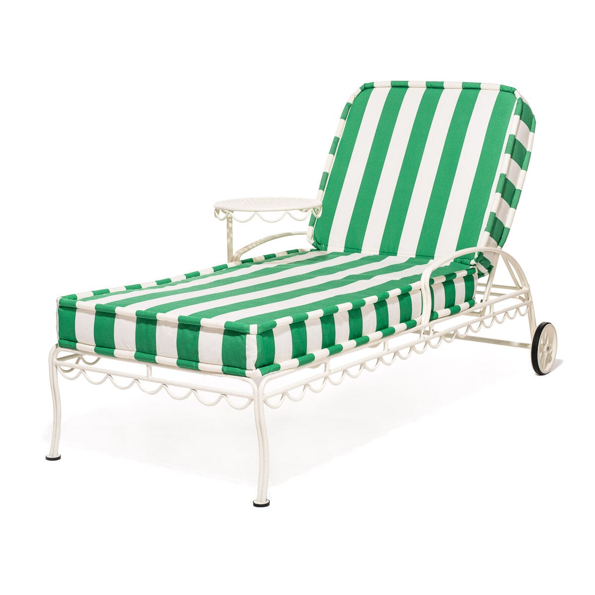 The Al Fresco Sun Lounger in Crew Canyon Green Stripe | Antique White Frame Bundle Business & Pleasure Co.