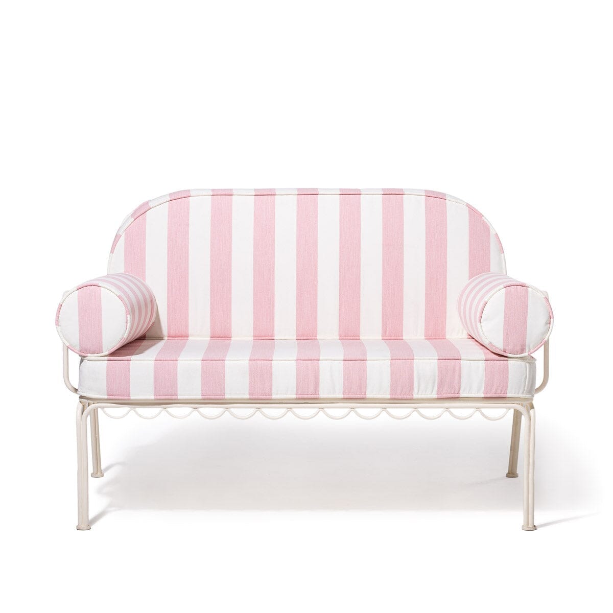 Product image of The Al Fresco Love Seat in Crew Pink Stripe | Antique White Frame Al Fresco Love Seat Kit Business & Pleasure Co.