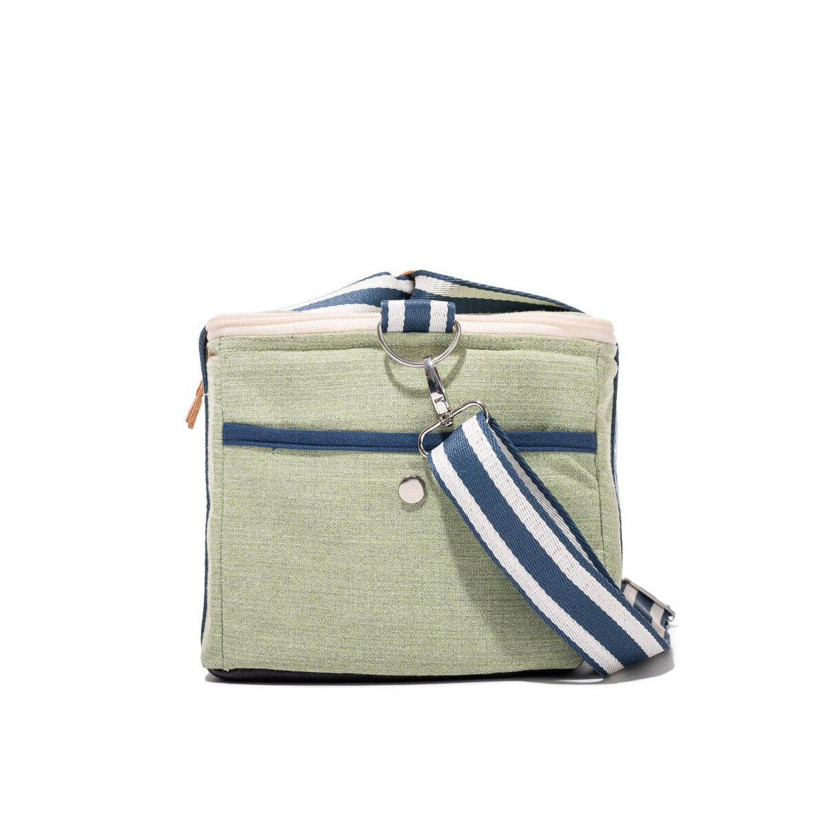 Green bag with a striped strap on a white background