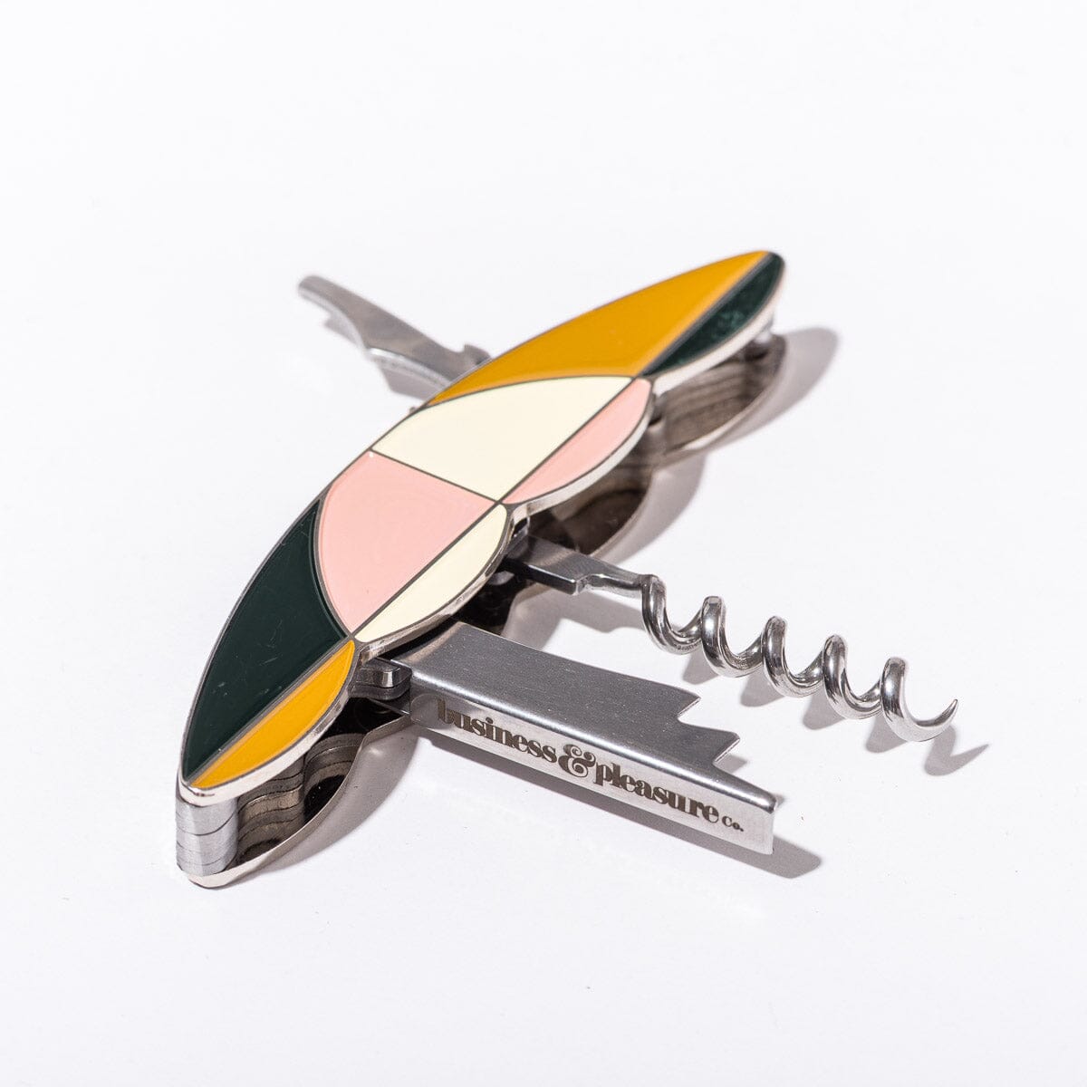 Multicolored corkscrew with 'Business & Pleasures' branding on a white background