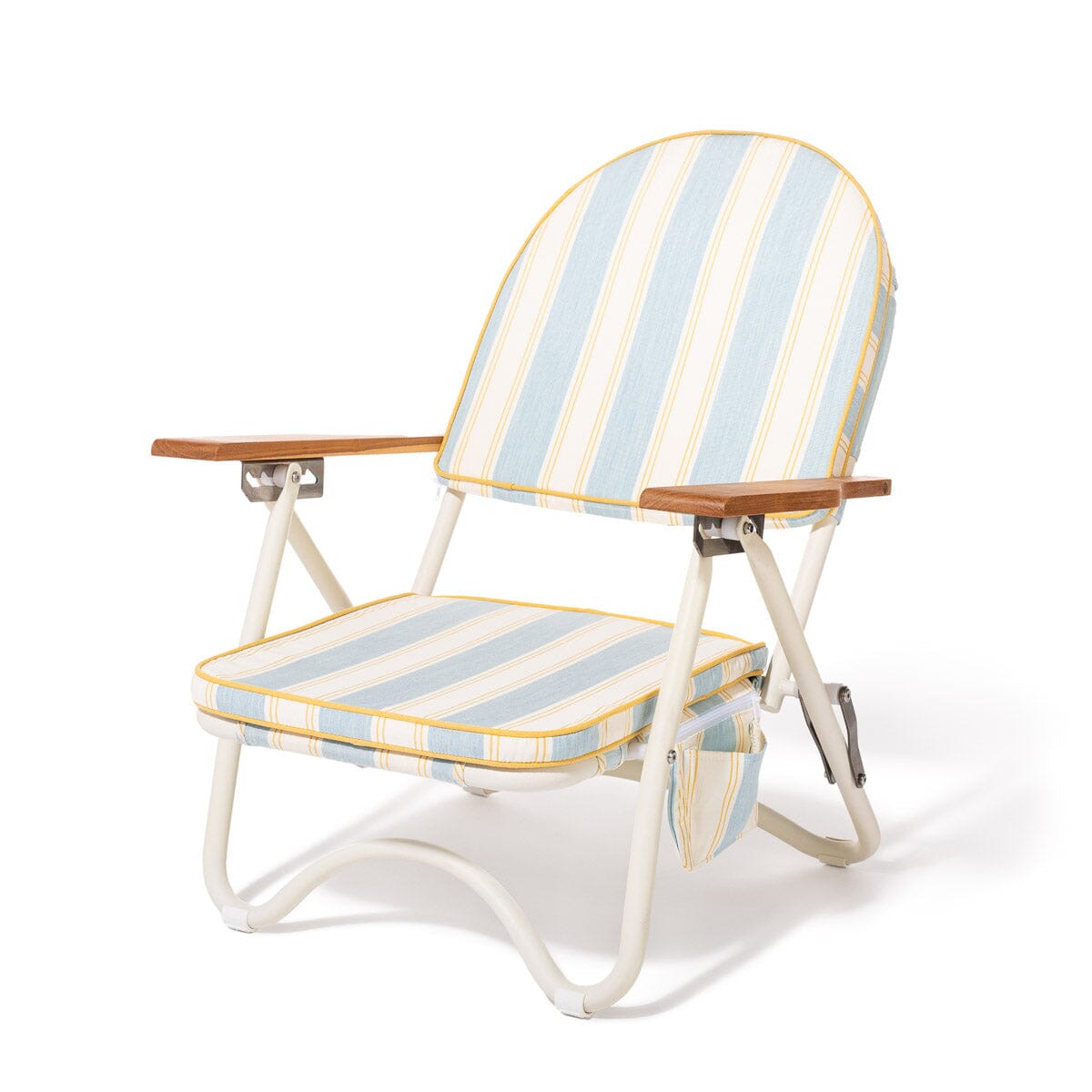 Striped folding beach chair with wooden armrests on a white background