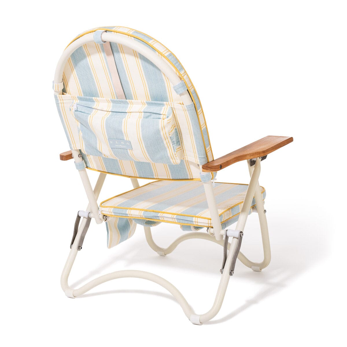 Foldable beach chair with striped cushion and wooden armrest on a white background