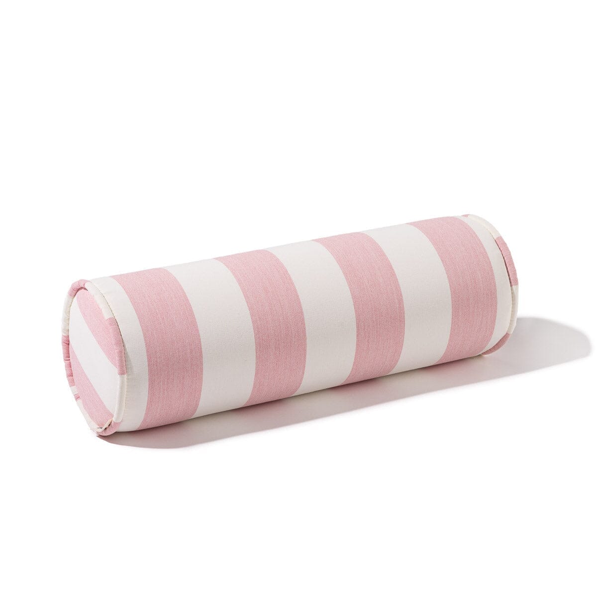 Product image of PINK AND WHITE CREW STRIPED OUTDOOR BOLSTER PILLOW ON WHITE BACKGROUND