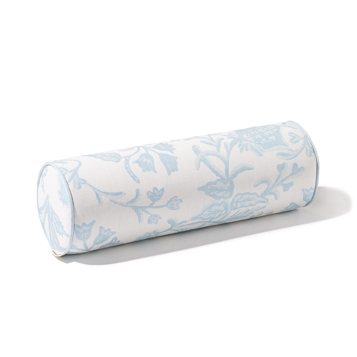 Bolster throw pillow with blue floral pattern on a white background