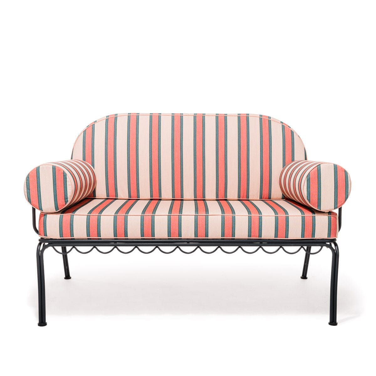 Product image of The Al Fresco Love Seat in Bistro Pink Stripe | Vintage Black Frame Bundle Business & Pleasure Co.