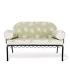 Swatch for The Al Fresco Love Seat in Benoît Jade Green Jacquard | Vintage Black Frame
