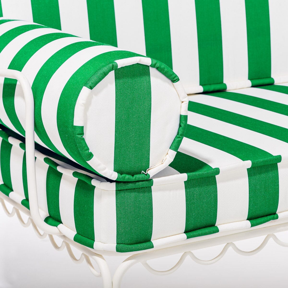 The Al Fresco Love Seat in Crew Canyon Green Stripe | Antique White Frame Bundle Business & Pleasure Co.