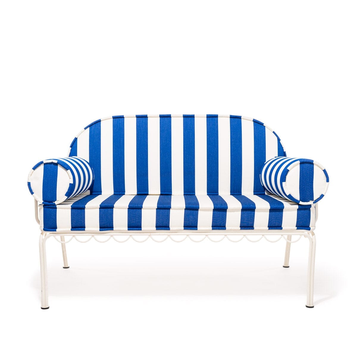 The Al Fresco Love Seat in Crew Mediterranean Blue Stripe | Antique White Frame Bundle Business & Pleasure Co.