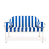 Swatch for The Al Fresco Love Seat in Crew Mediterranean Blue Stripe | Antique White Frame