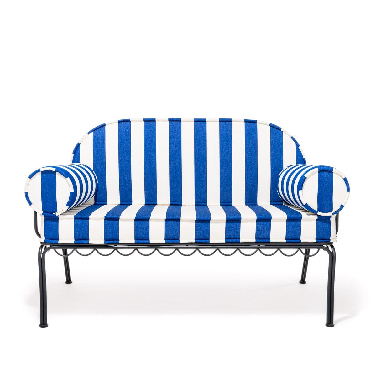 Product image of The Al Fresco Love Seat in Crew Mediterranean Blue Stripe | Vintage Black Frame Bundle Business & Pleasure Co.