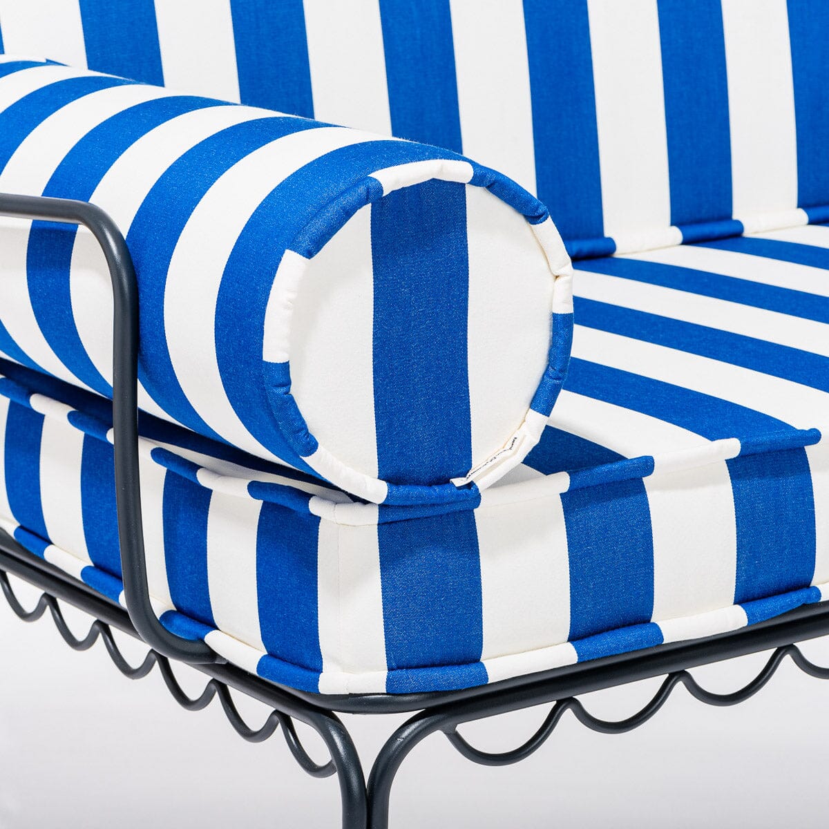 The Al Fresco Love Seat in Crew Mediterranean Blue Stripe | Vintage Black Frame Bundle Business & Pleasure Co.