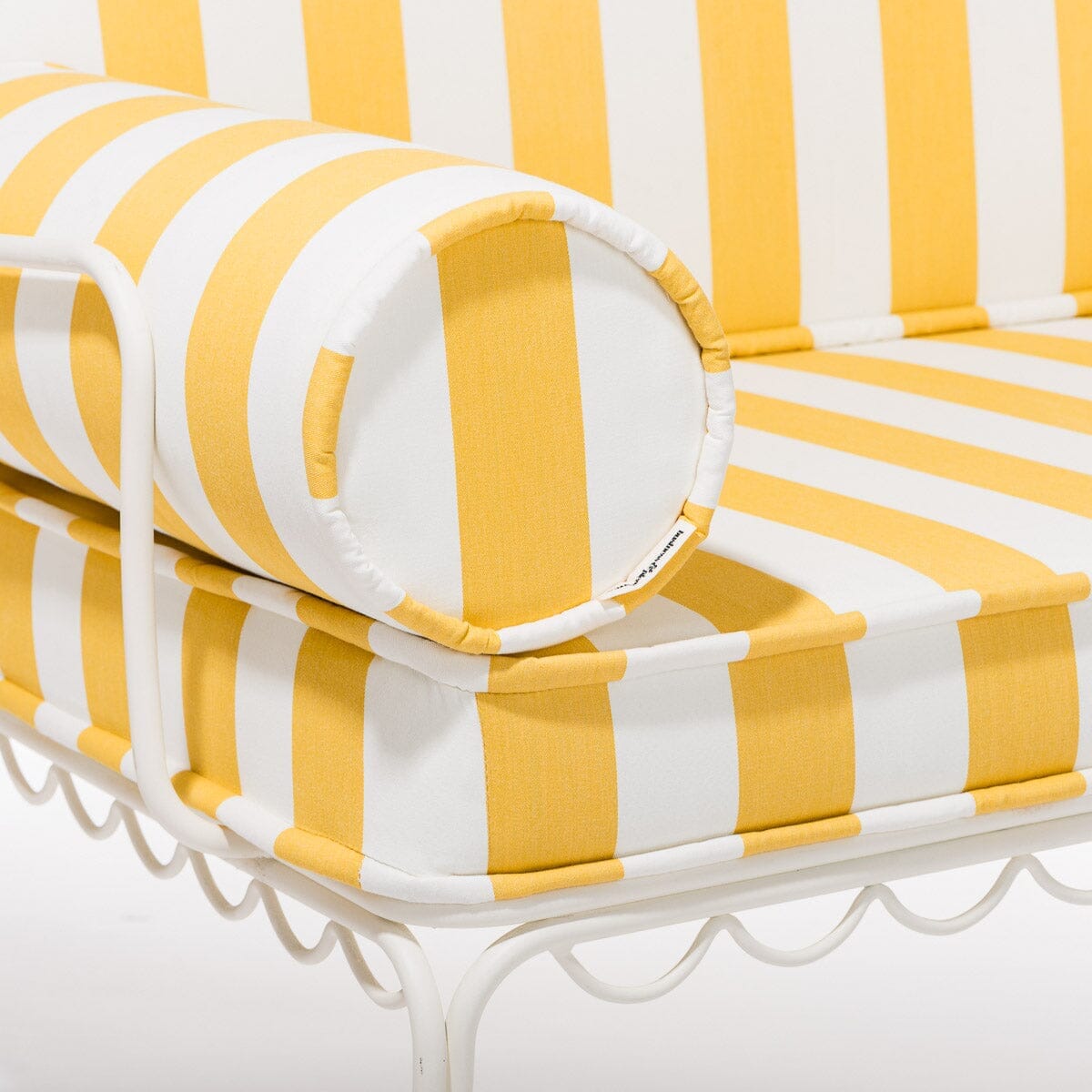 The Al Fresco Love Seat in Crew Mimosa Yellow Stripe | Antique White Frame Bundle Business & Pleasure Co.