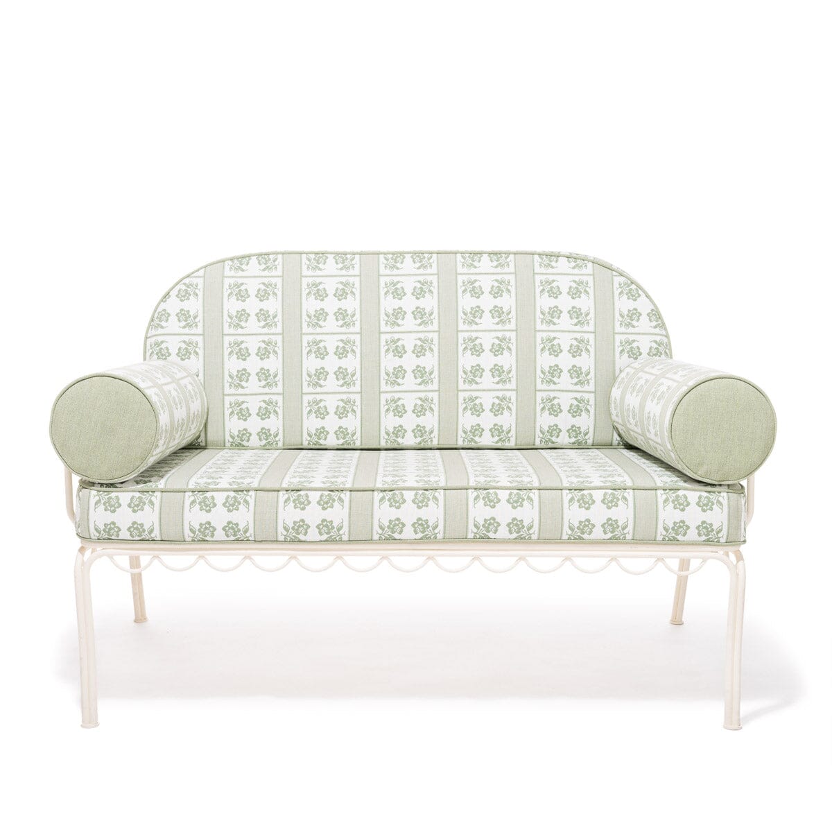 Product image of The Al Fresco Love Seat x Julia Berolzheimer in Jacquard Green | Antique White Frame Al Fresco Bundle Business & Pleasure Co.