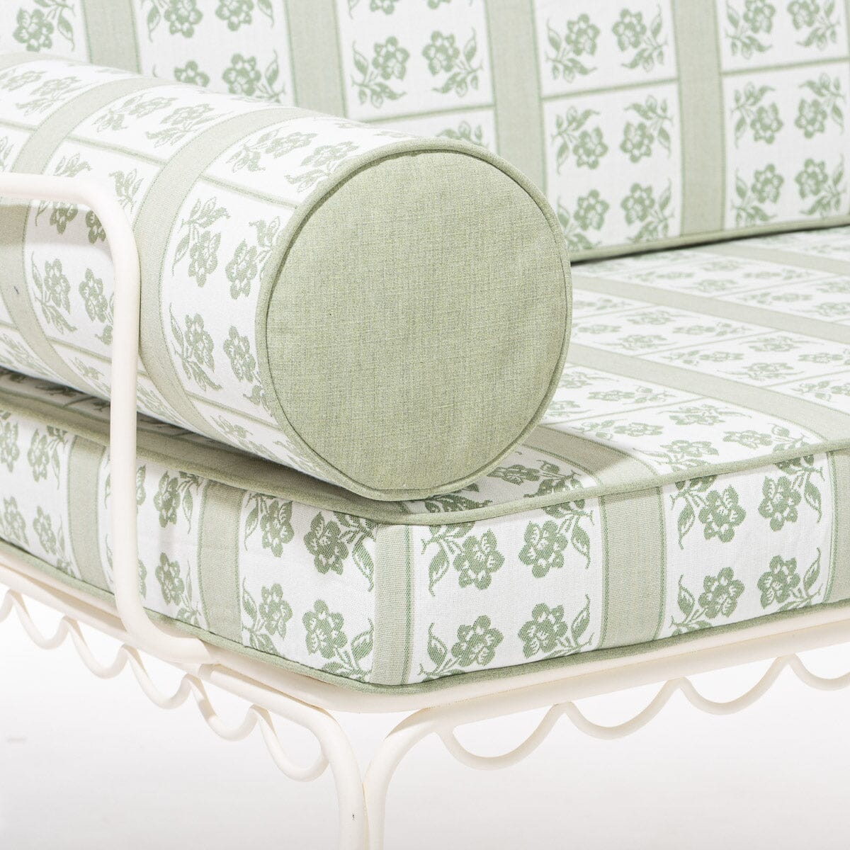 The Al Fresco Love Seat x Julia Berolzheimer in Jacquard Green | Antique White Frame Al Fresco Bundle Business & Pleasure Co.