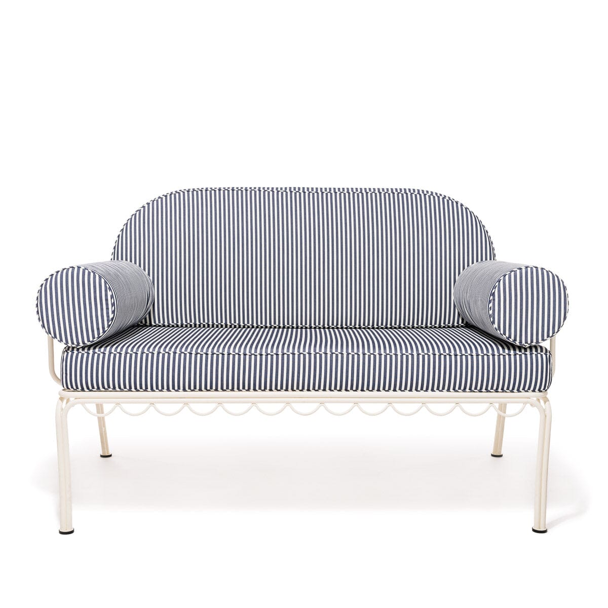 Product image of The Al Fresco Love Seat in Lauren's Navy Stripe | Antique White Frame Bundle Business & Pleasure Co.
