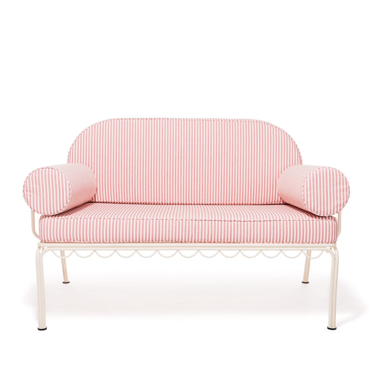 The Al Fresco Love Seat in Lauren's Pink Stripe | Antique White Frame Bundle Business & Pleasure Co.