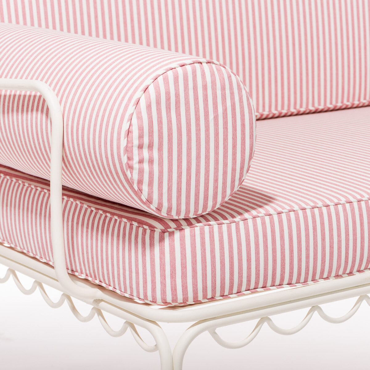 The Al Fresco Love Seat in Lauren's Pink Stripe | Antique White Frame Bundle Business & Pleasure Co.