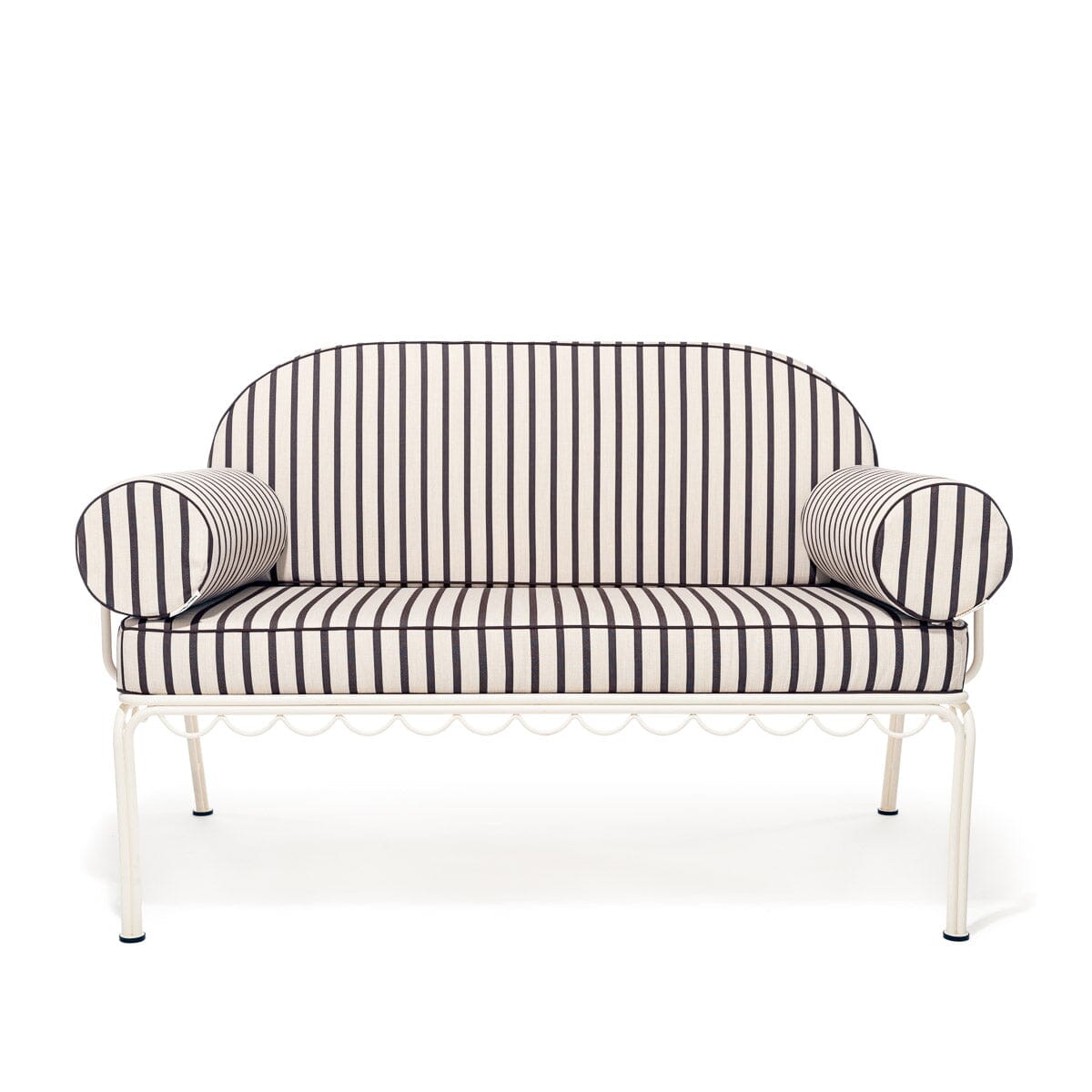 Product image of The Al Fresco Love Seat in Monaco Black Stripe | Antique White Frame Bundle Business & Pleasure Co.