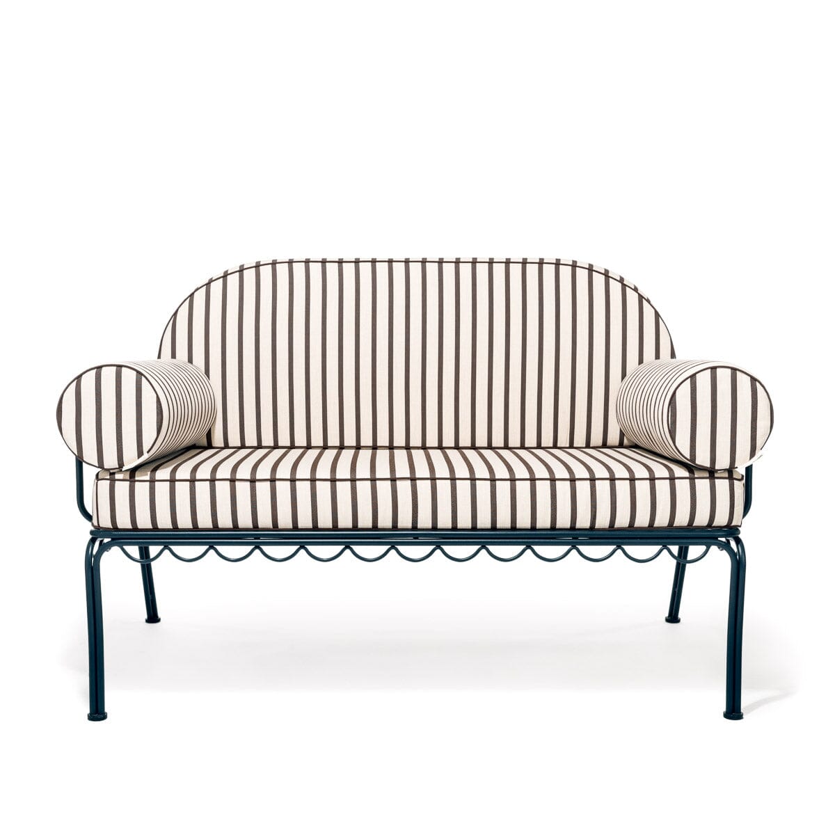 Product image of The Al Fresco Love Seat in Monaco Black Stripe | Vintage Black Frame Bundle Business & Pleasure Co.