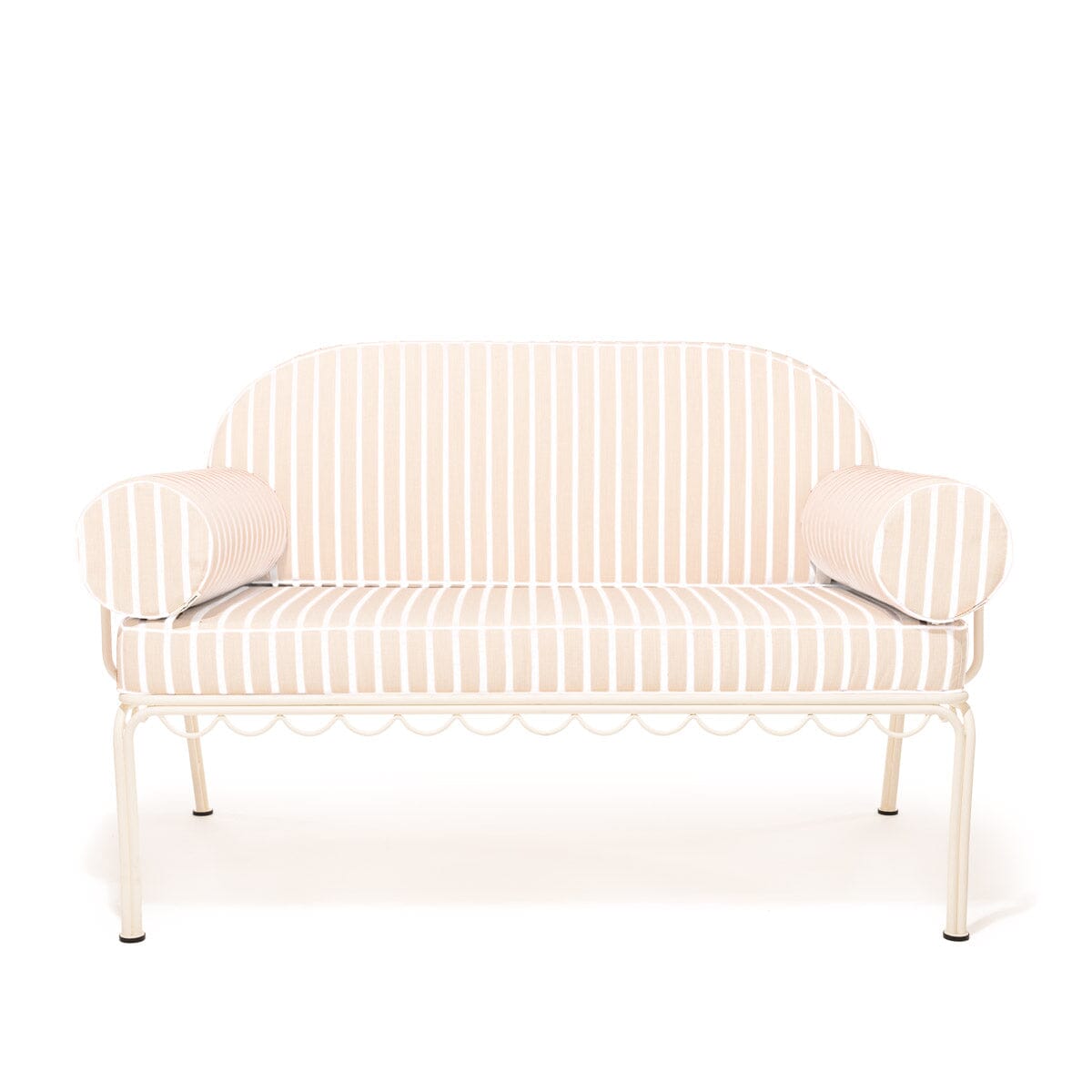 The Al Fresco Love Seat in Monaco Natural Stripe | Antique White Frame Bundle Business & Pleasure Co.