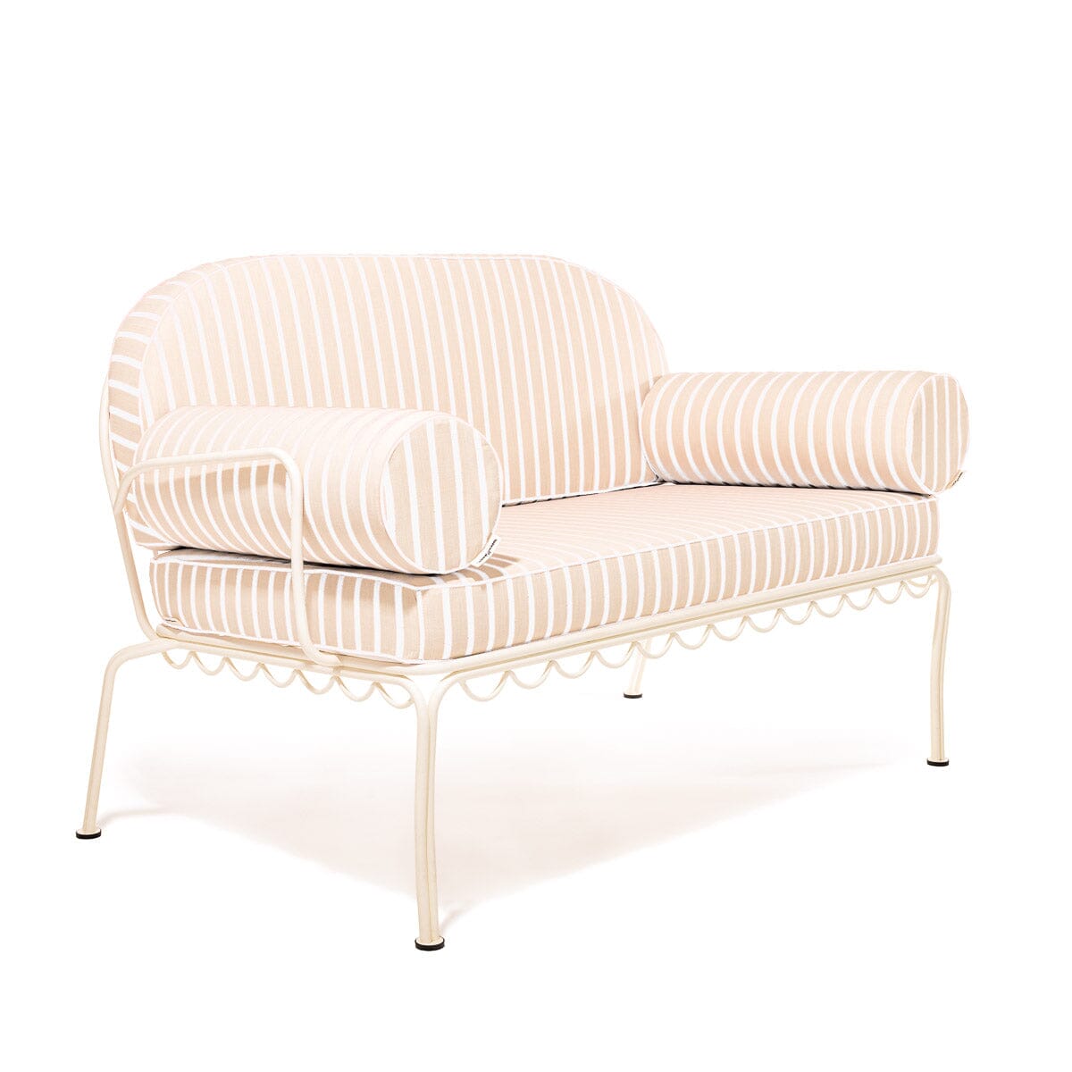 The Al Fresco Love Seat in Monaco Natural Stripe | Antique White Frame Bundle Business & Pleasure Co.
