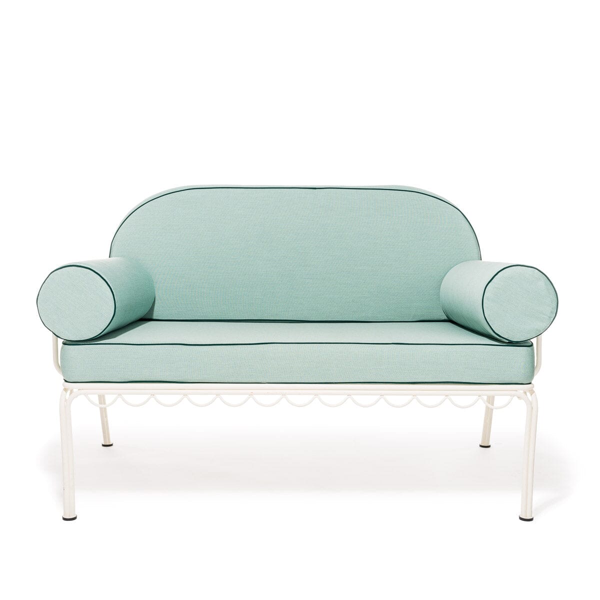 Product image of The Al Fresco Love Seat in Rivie Green | Antique White Frame Bundle Business & Pleasure Co.