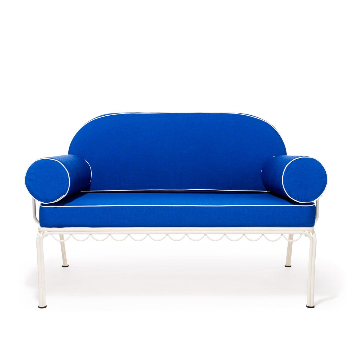 The Al Fresco Love Seat in Rivie Mediterranean Blue | Antique White Frame Bundle Business & Pleasure Co.