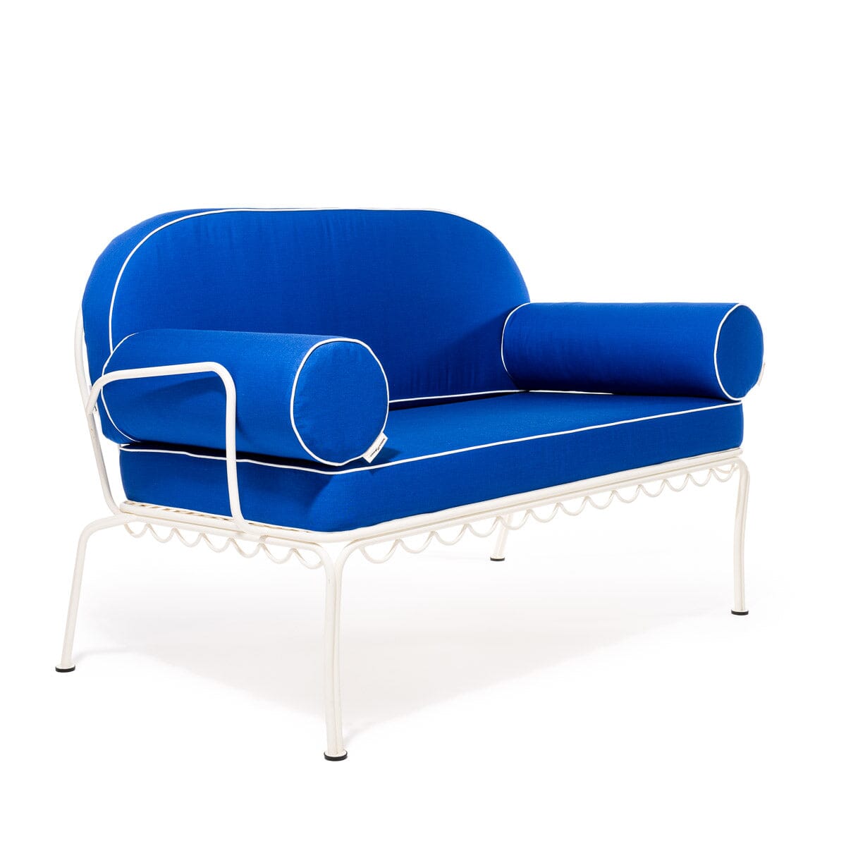 The Al Fresco Love Seat in Rivie Mediterranean Blue | Antique White Frame Bundle Business & Pleasure Co.