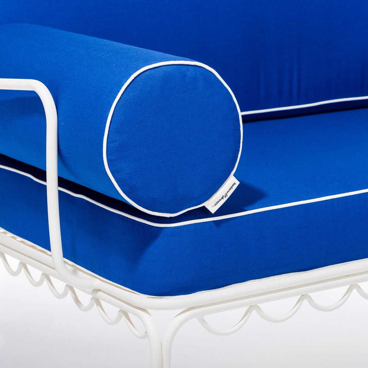 The Al Fresco Love Seat in Rivie Mediterranean Blue | Antique White Frame Bundle Business & Pleasure Co.