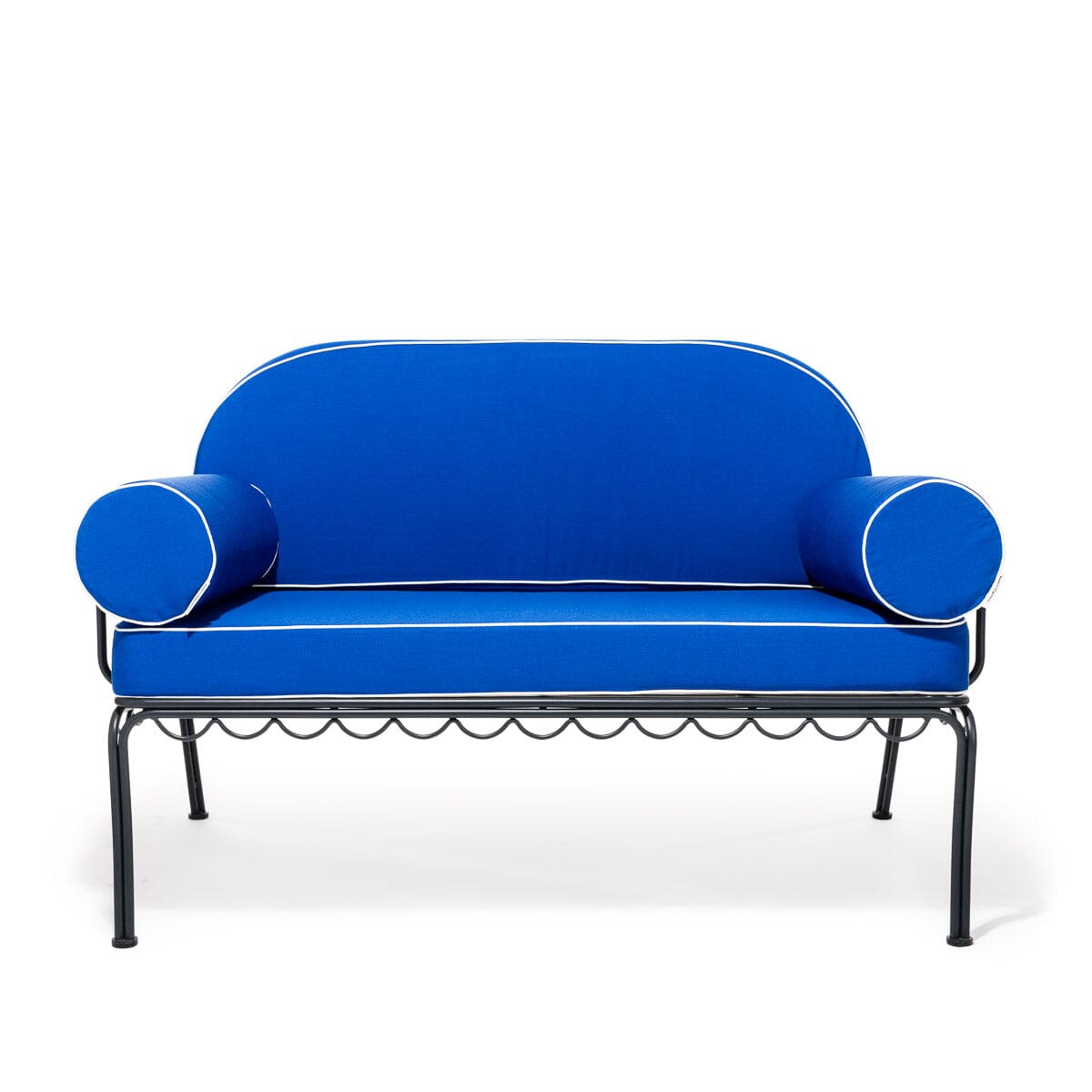 The Al Fresco Love Seat in Rivie Mediterranean Blue | Vintage Black Frame Bundle Business & Pleasure Co.