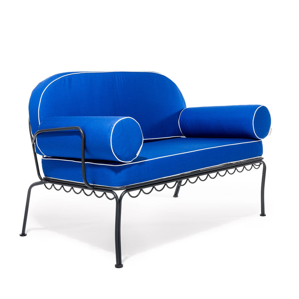 The Al Fresco Love Seat in Rivie Mediterranean Blue | Vintage Black Frame Bundle Business & Pleasure Co.