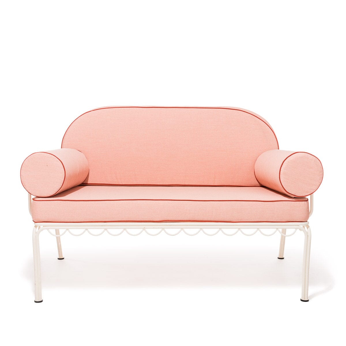 Product image of The Al Fresco Love Seat in Rivie Pink | Antique White Frame Bundle Business & Pleasure Co.