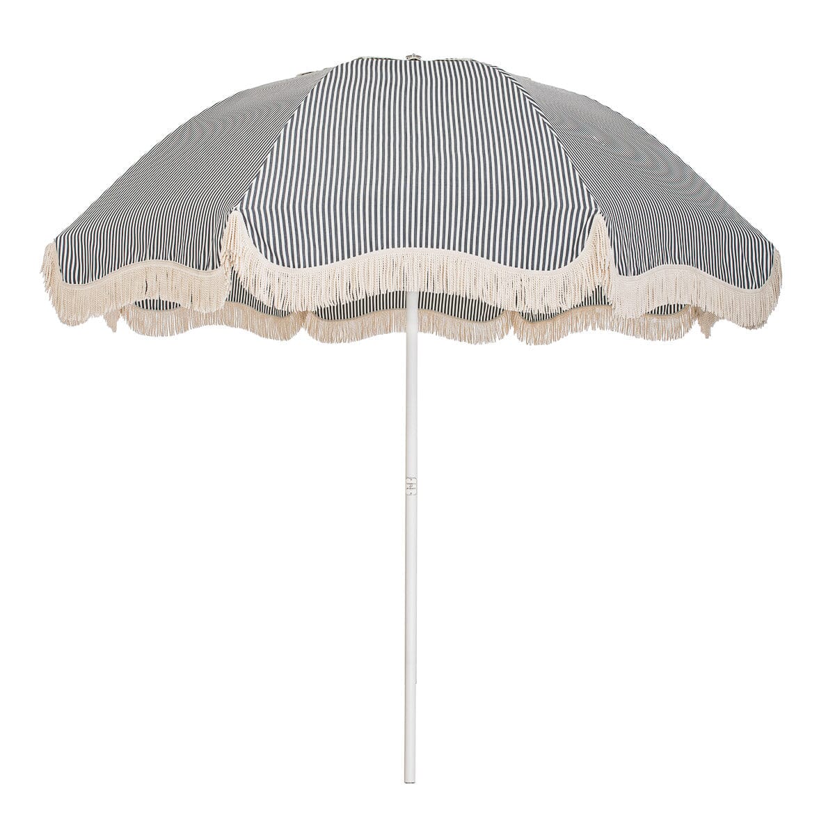 navy stripe umbrella with white fringe on white background forward facing