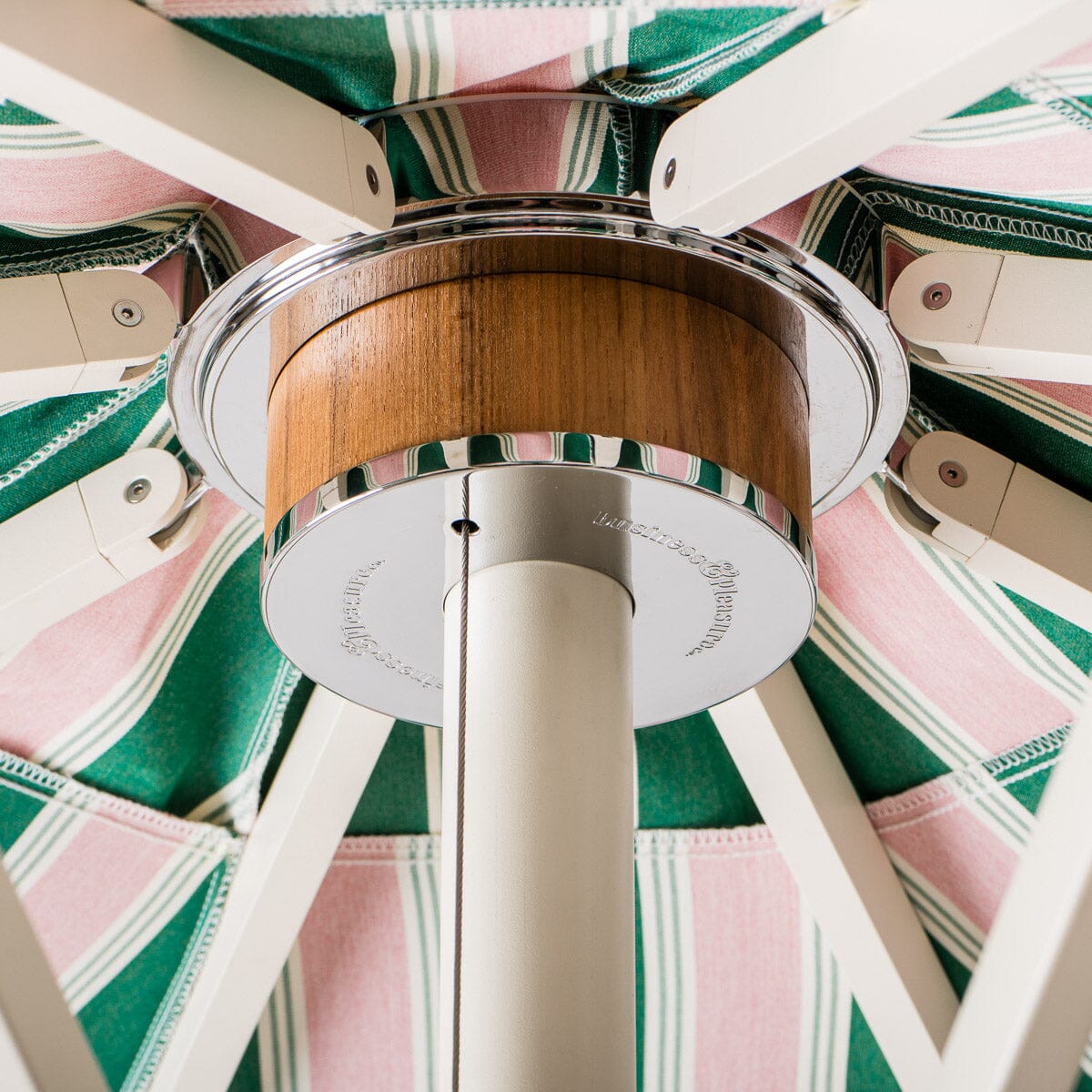 The Resort Market Umbrella in Bistro Green Stripe | 12' Antique White Frame Bundle Business & Pleasure Co.