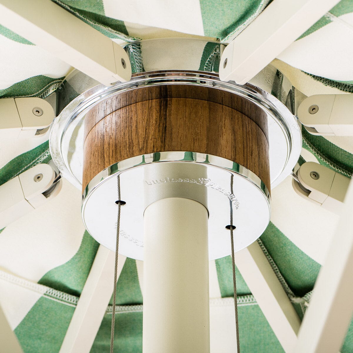 The Resort Market Umbrella in Crew Canyon Green Stripe | 10' Antique White Frame Bundle Business & Pleasure Co.