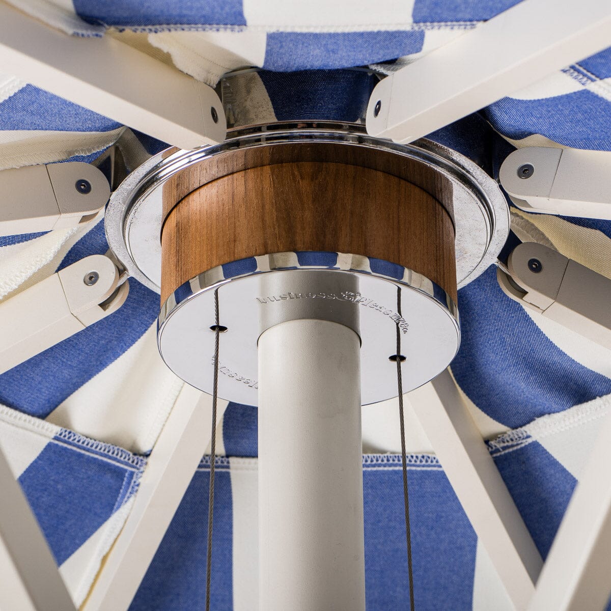 The Resort Market Umbrella in Crew Mediterranean Blue Stripe | 10' Antique White Frame Bundle Business & Pleasure Co.