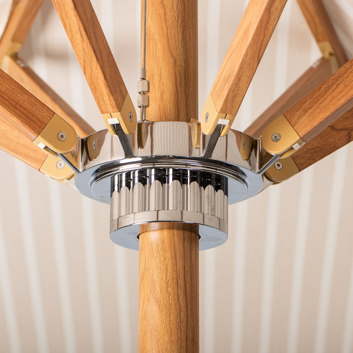 The Resort Market Umbrella in Monaco Natural Stripe | 10' Transfer Teak Frame Resort Market Umbrella Business & Pleasure Co.