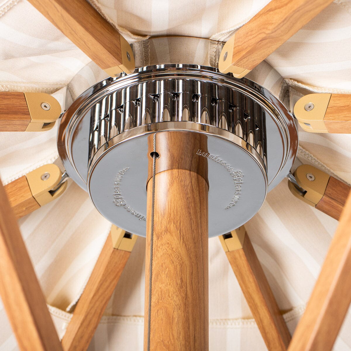 The Resort Market Umbrella in Monaco Natural Stripe | 10' Transfer Teak Frame Resort Market Umbrella Business & Pleasure Co.