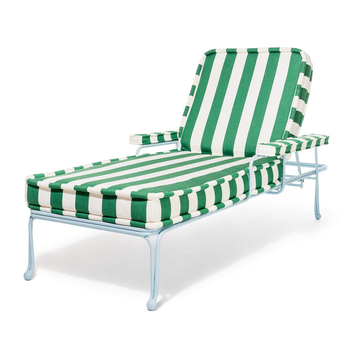 The Waterhouse Sun Lounger in Crew Canyon Green Stripe | Powder Blue Frame Bundle Business & Pleasure Co.