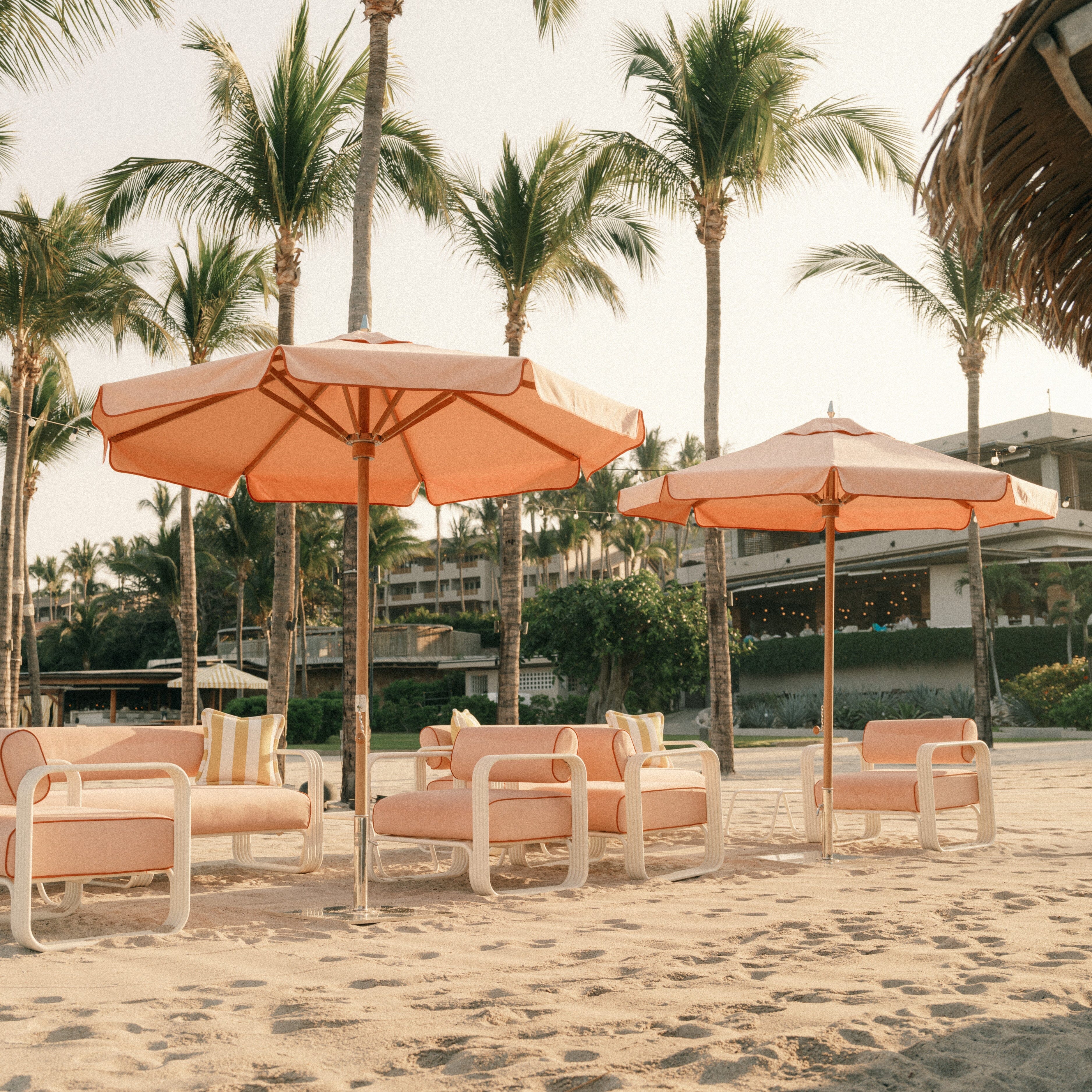 The Resort Market Umbrella in Rivie Pink | 10' Transfer Teak Frame Resort Market Umbrella Business & Pleasure Co.