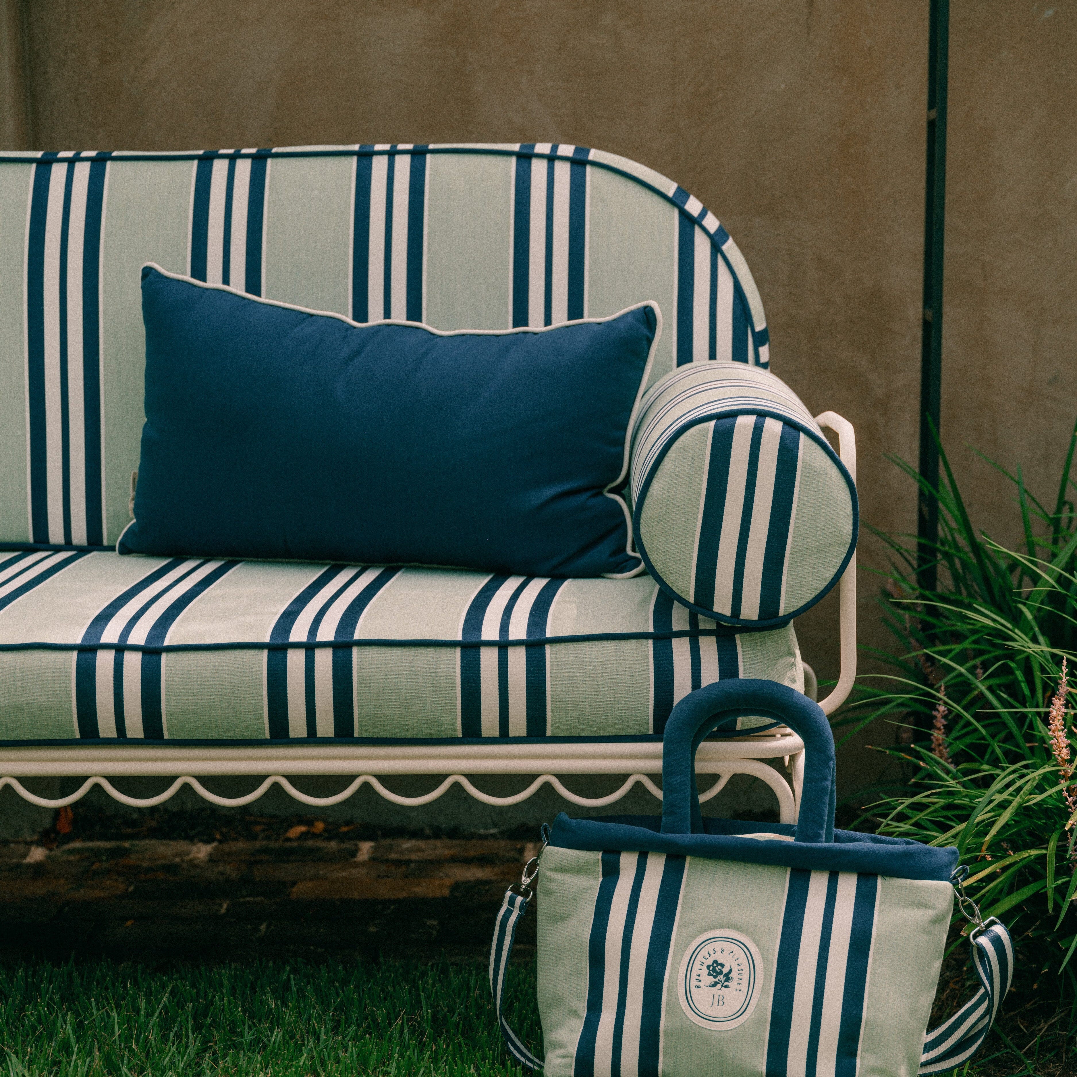 The Al Fresco Love Seat x Julia Berolzheimer in Green Stripes | Antique White Frame Bundle Business & Pleasure Co.