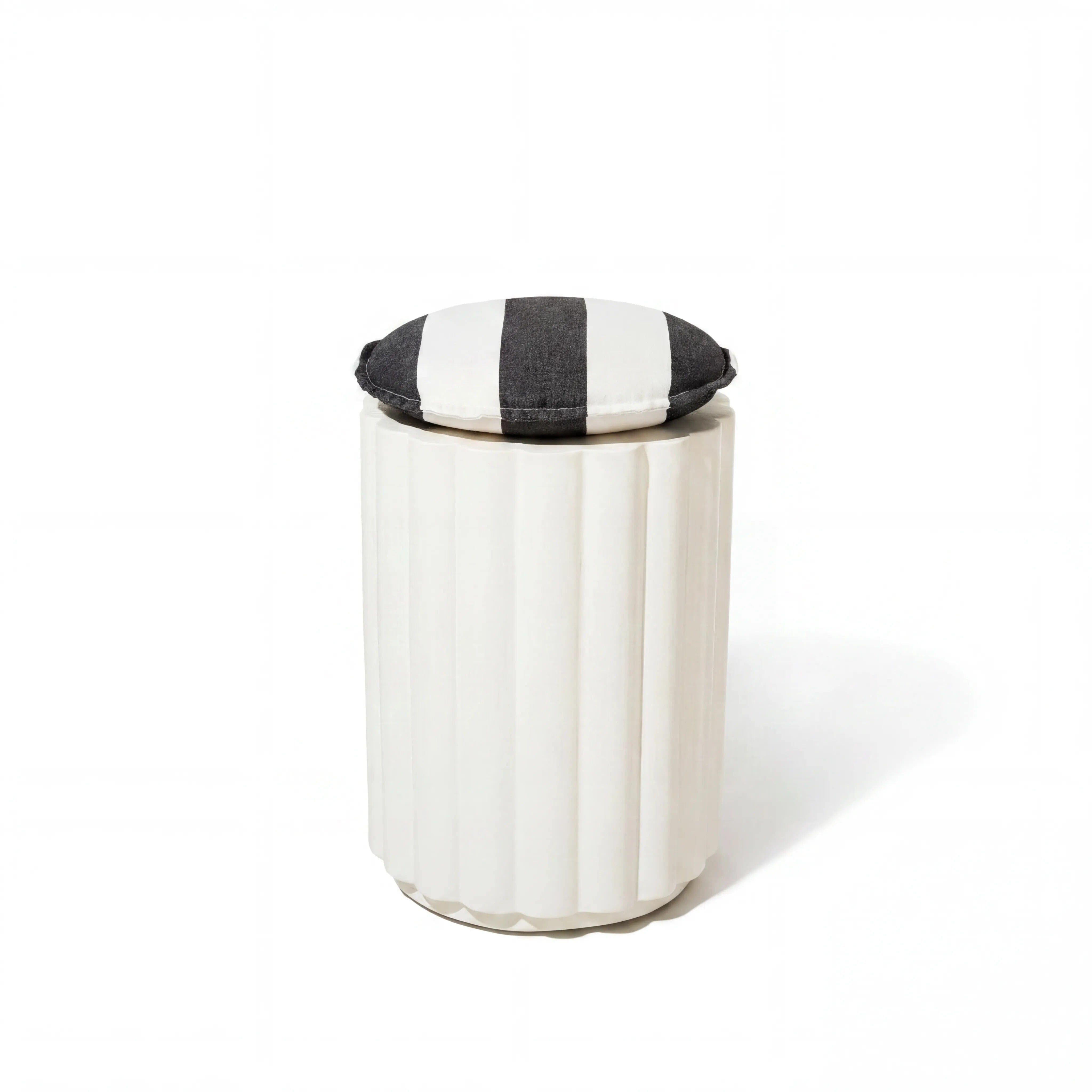 Product image of Daisy Stool in Cement White Base with Crew Vintage Black Strip Pleasuretex® fabricated cushion seat