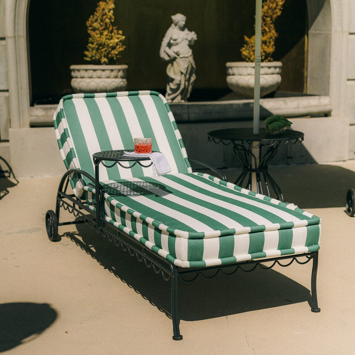 The Al Fresco Sun Lounger in Crew Canyon Green Stripe | Vintage Black Frame Bundle Business & Pleasure Co.