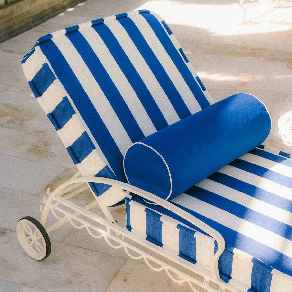 The Al Fresco Sun Lounger in Crew Mediterranean Blue Stripe | Antique White Frame Bundle Business & Pleasure Co.