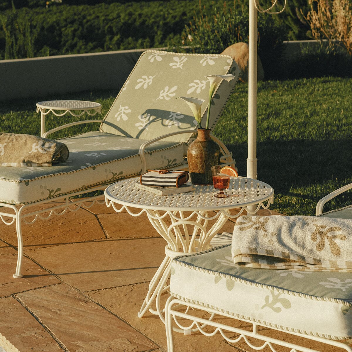 The Al Fresco Sun Lounger in Benoît Jade Green Jacquard | Antique White Frame Bundle Business & Pleasure Co.
