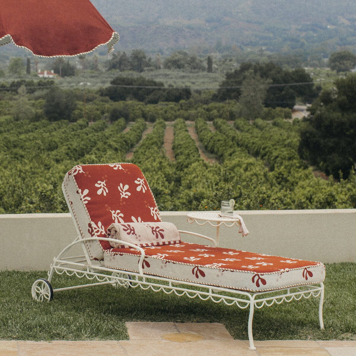 The Al Fresco Sun Lounger in Benoît Le Sirenuse Jacquard | Antique White Frame Bundle Business & Pleasure Co.