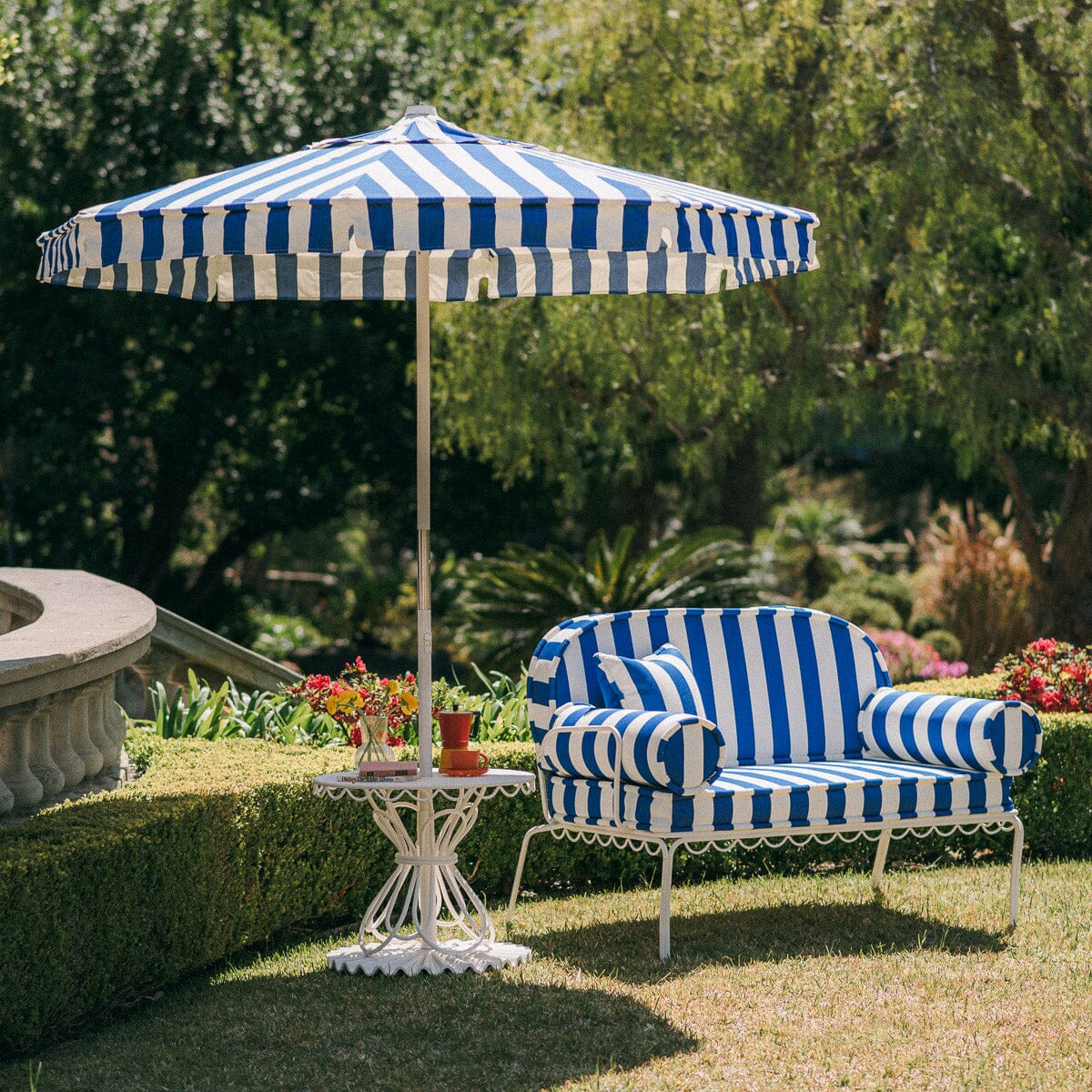 The Al Fresco Love Seat in Crew Mediterranean Blue Stripe | Antique White Frame Bundle Business & Pleasure Co.