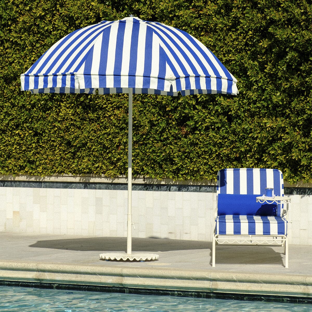 The Al Fresco Sun Lounger in Crew Mediterranean Blue Stripe | Antique White Frame Bundle Business & Pleasure Co.