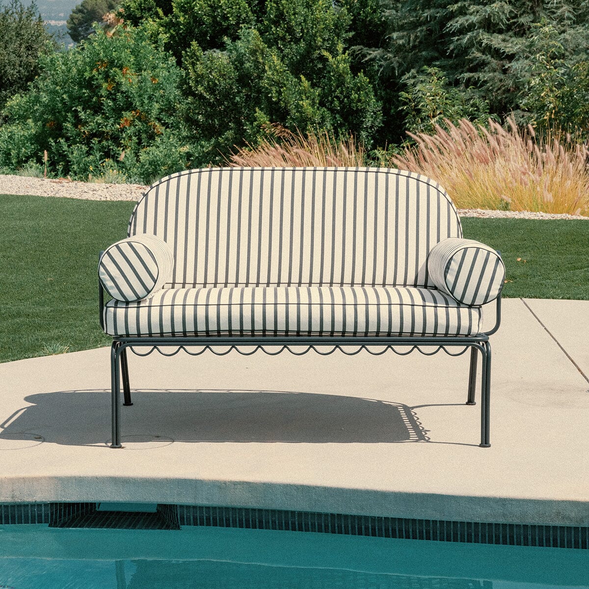 The Al Fresco Love Seat in Monaco Black Stripe | Vintage Black Frame Bundle Business & Pleasure Co.