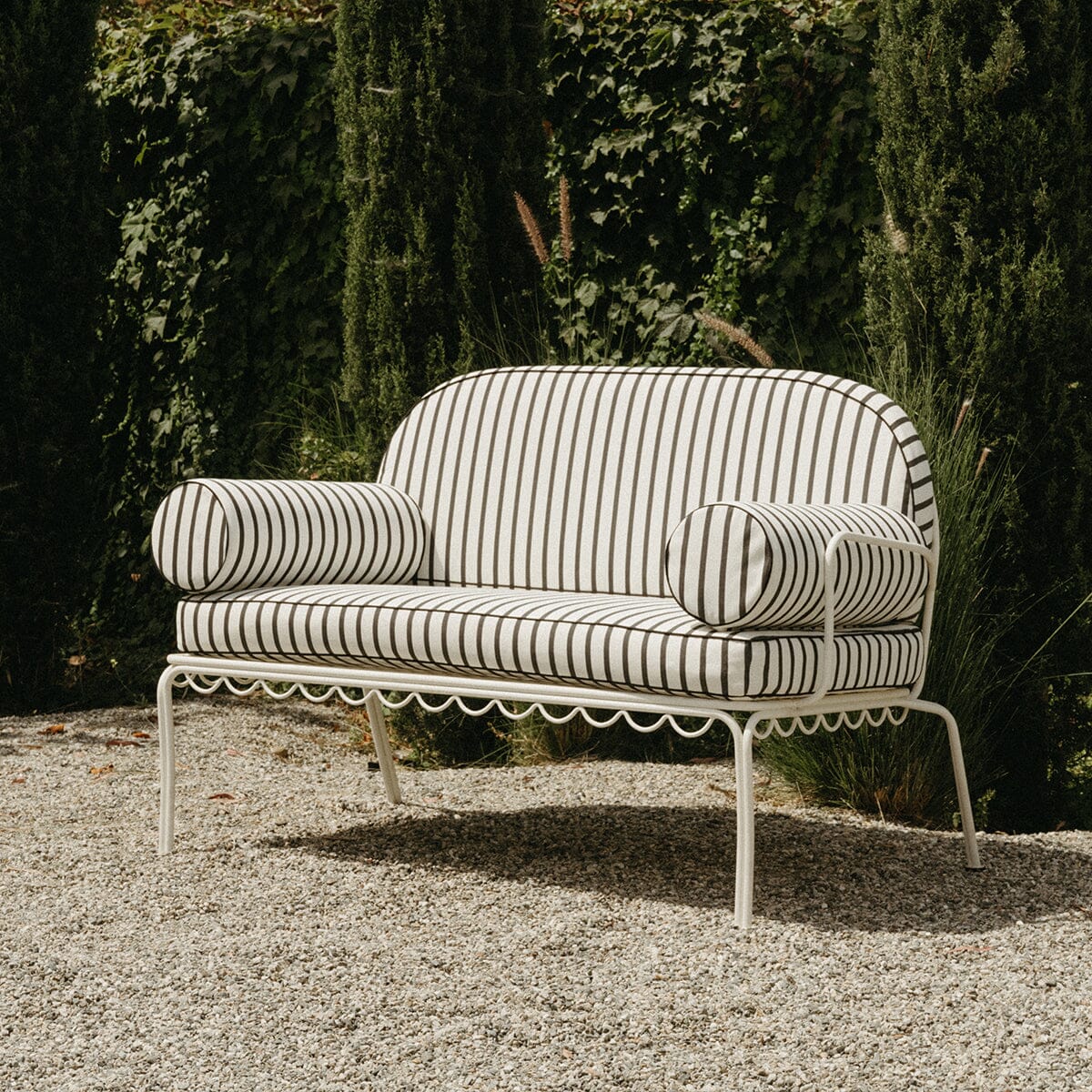 The Al Fresco Love Seat in Monaco Black Stripe | Antique White Frame Bundle Business & Pleasure Co.